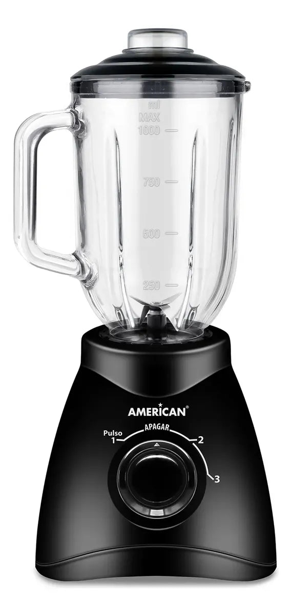Licuadora American 3 Funciones, Vaso de Vidrio, Color Negro - Mod. 1234