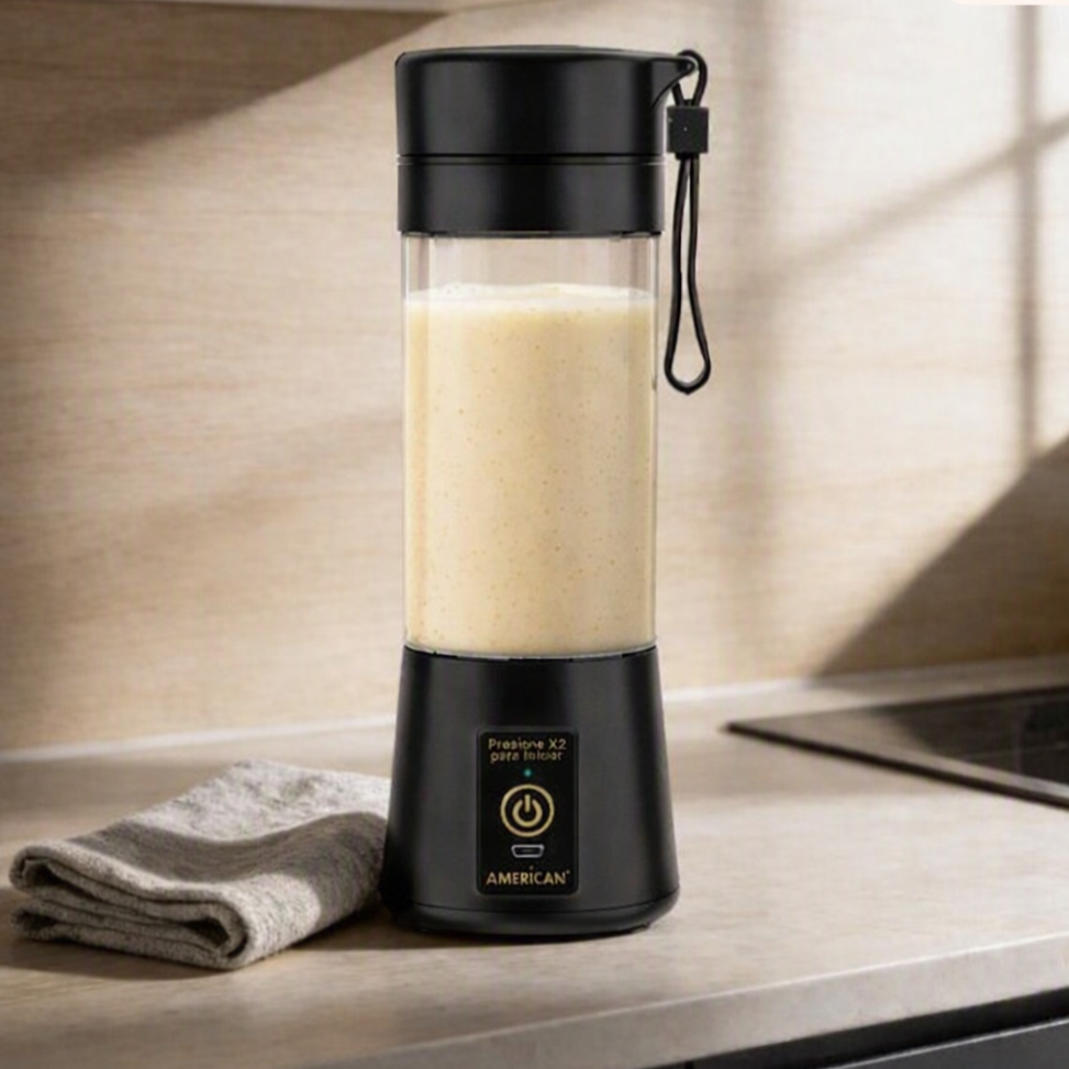 Licuadora Portátil American 1 Velocidad, Vaso de Plástico con Tapa, Puerto USB, Negro -  Mod. 2526
