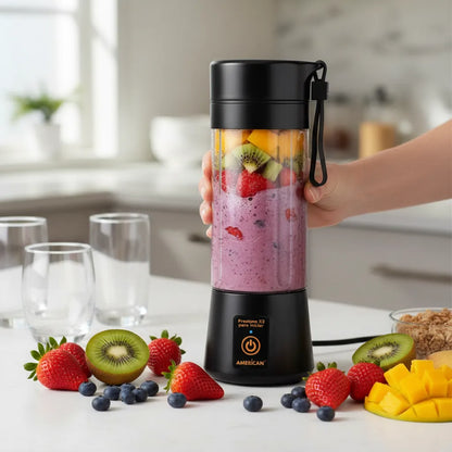 Licuadora Portátil American 1 Velocidad, Vaso de Plástico con Tapa, Puerto USB, Negro -  Mod. 2526
