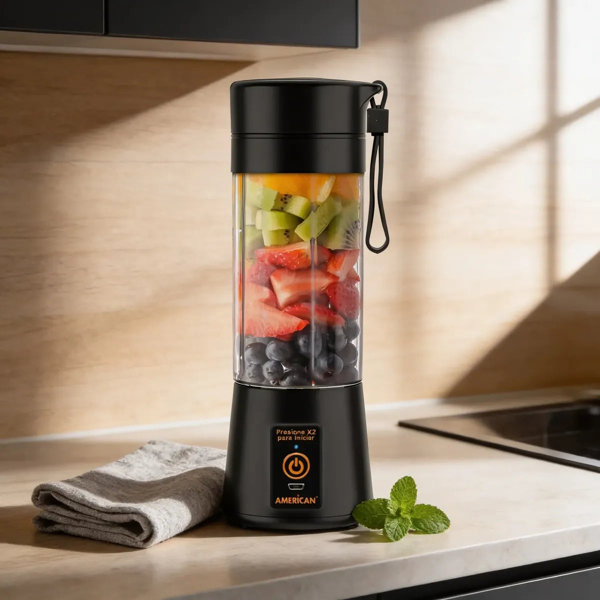 Licuadora Portátil American 1 Velocidad, Vaso de Plástico con Tapa, Puerto USB, Negro -  Mod. 2526
