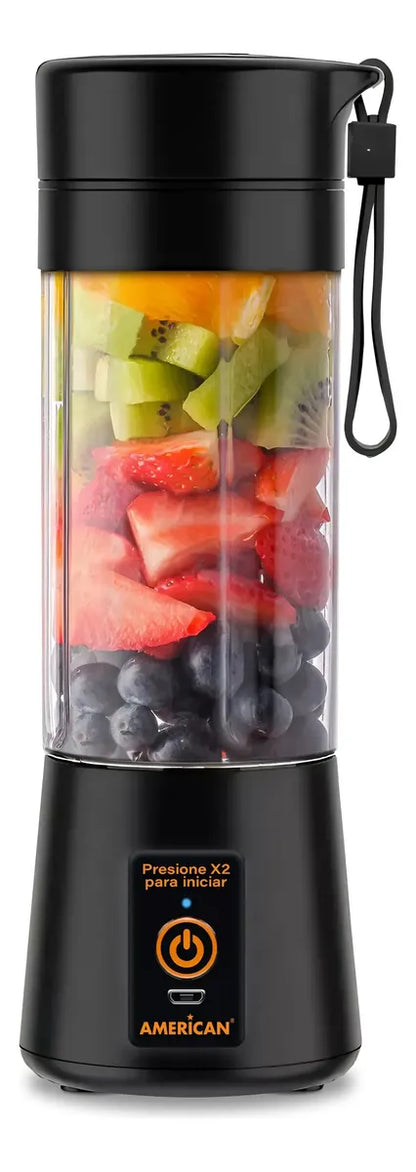 Licuadora Portátil American 1 Velocidad, Vaso de Plástico con Tapa, Puerto USB, Negro -  Mod. 2526