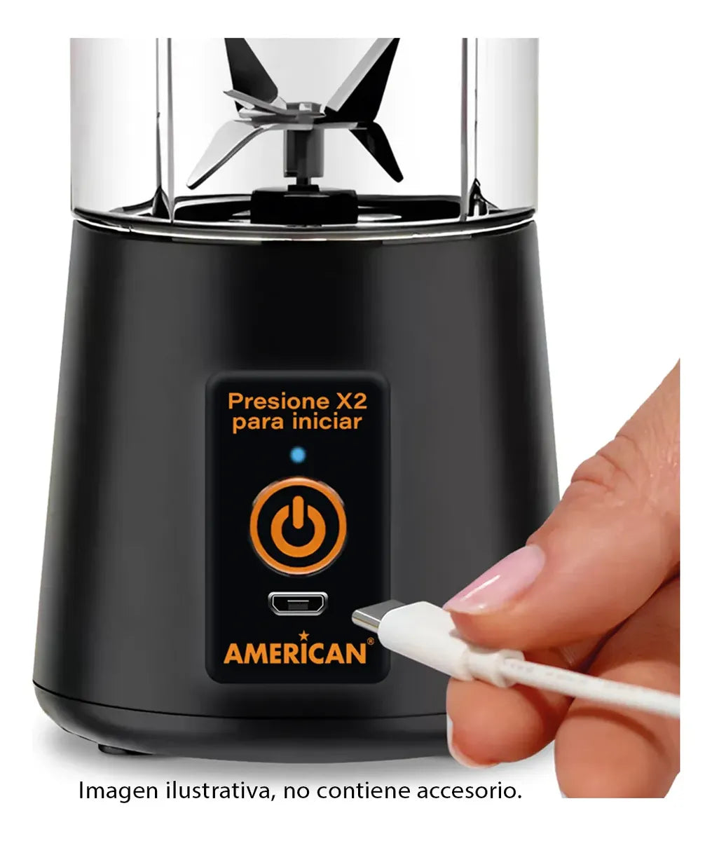 Licuadora Portátil American 1 Velocidad, Vaso de Plástico con Tapa, Puerto USB, Negro -  Mod. 2526