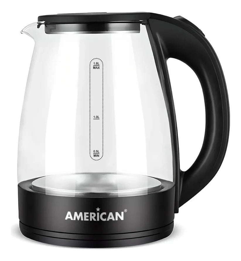 Hervidor de Agua Eléctrico American 1.8 Litros, Acero Inoxidable Jarra de Vidrio - Mod. 3021