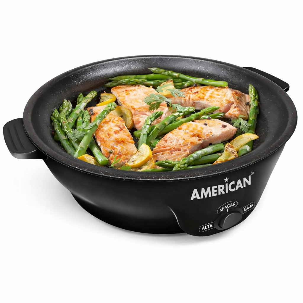 Parrilla Comal Eléctrico American 2 Niveles de Temperatura, Recubrimiento Antiadherente, Negro - Mod. 6028