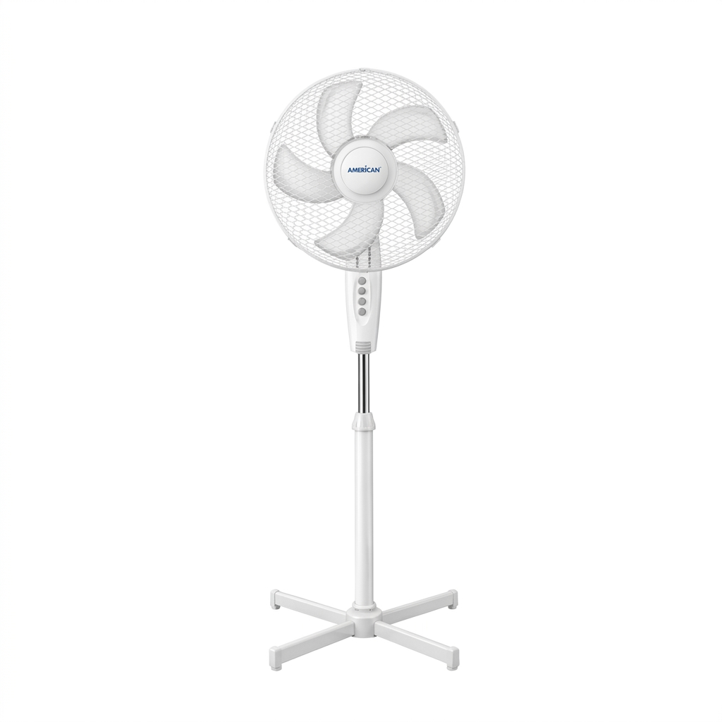 Ventilador de Pedestal American 16 Pulgadas, 5 Aspas, Rejilla Metálica, 3 Velocidades, Blanco - Mod. 7316