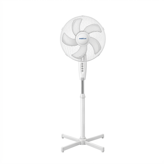 Ventilador de Pedestal American 16 Pulgadas, 5 Aspas, Rejilla Metálica, 3 Velocidades, Blanco - Mod. 7316