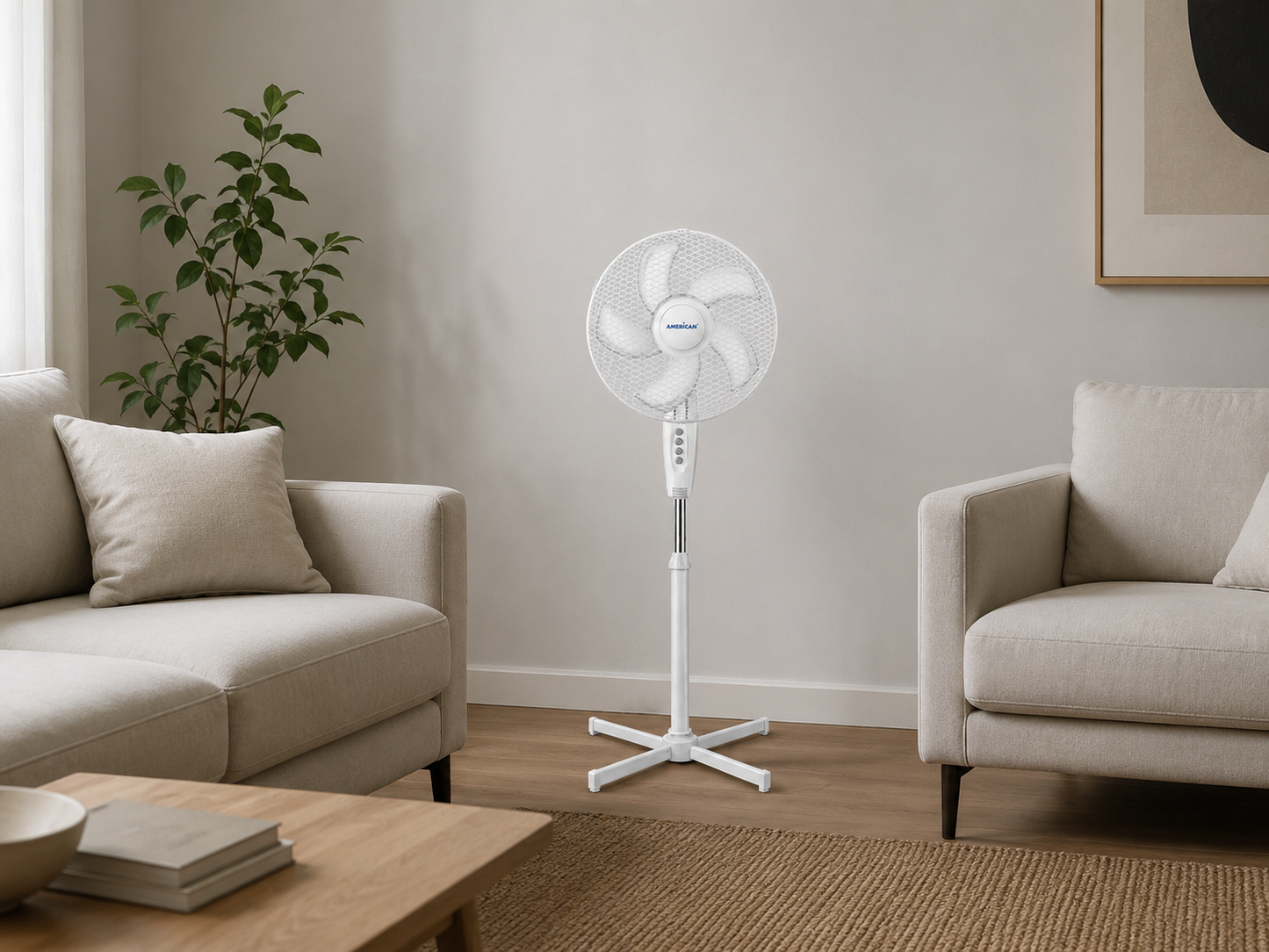 Ventilador de Pedestal American 16 Pulgadas, 5 Aspas, Rejilla Metálica, 3 Velocidades, Blanco - Mod. 7316