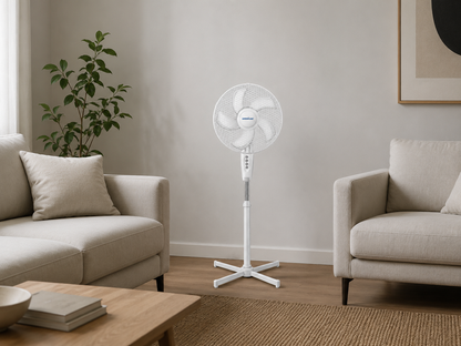 Ventilador de Pedestal American 16 Pulgadas, 5 Aspas, Rejilla Metálica, 3 Velocidades, Blanco - Mod. 7316