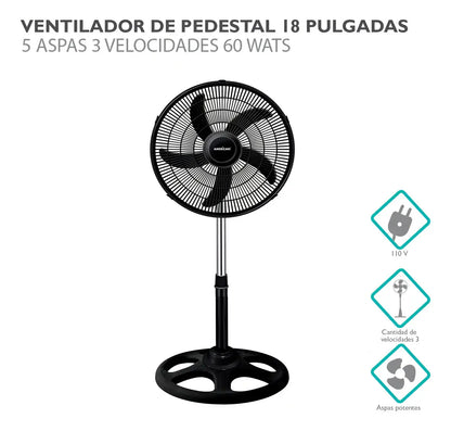 Ventilador de Pedestal American 18 Pulgadas, 5 Aspas, Rejilla de Plástico, 3 Velocidades - Mod. 7418
