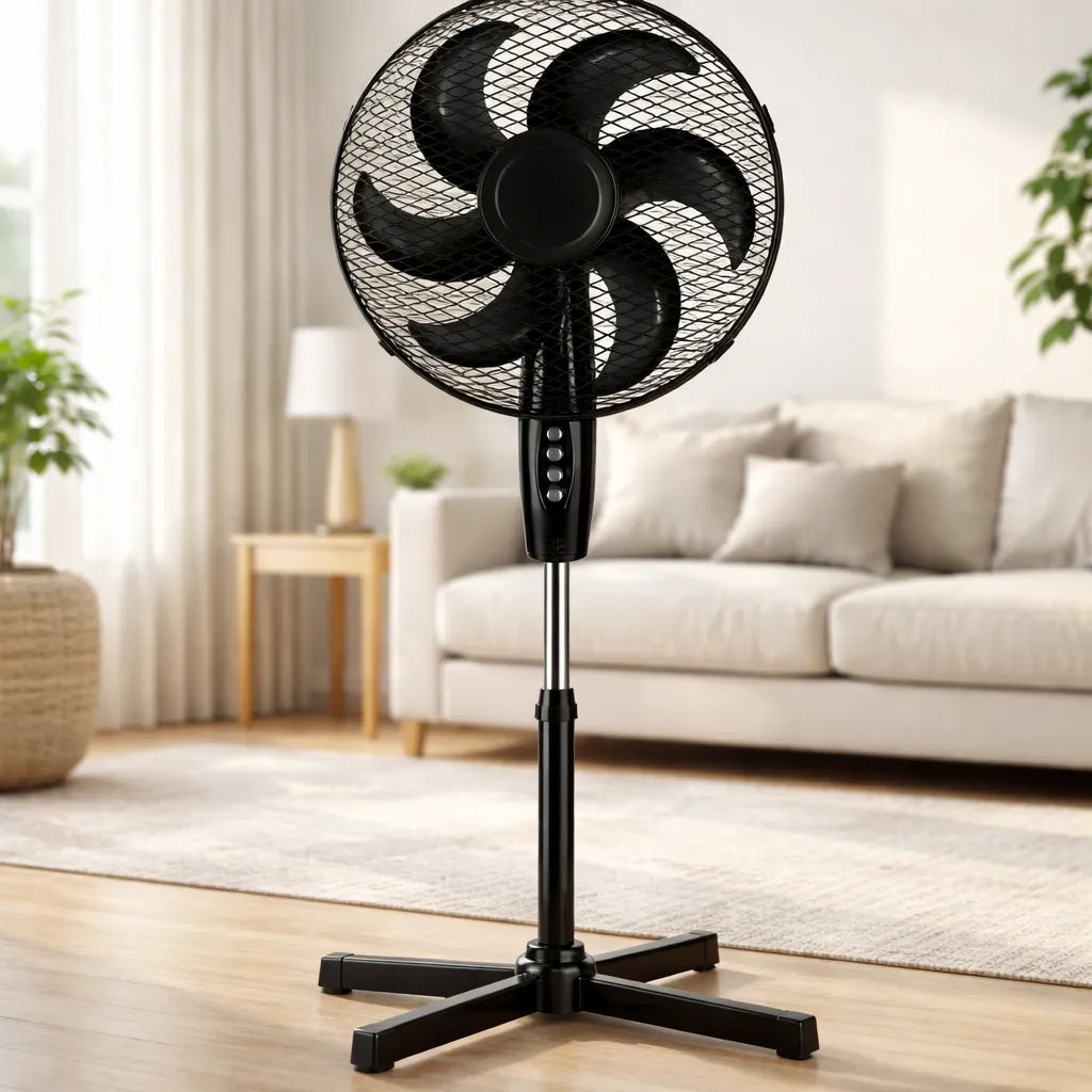 Ventilador de Pedestal American 16 Pulgadas, 6 Aspas, Rejilla Metálica, 3 Velocidades, Negro - Mod. 7616