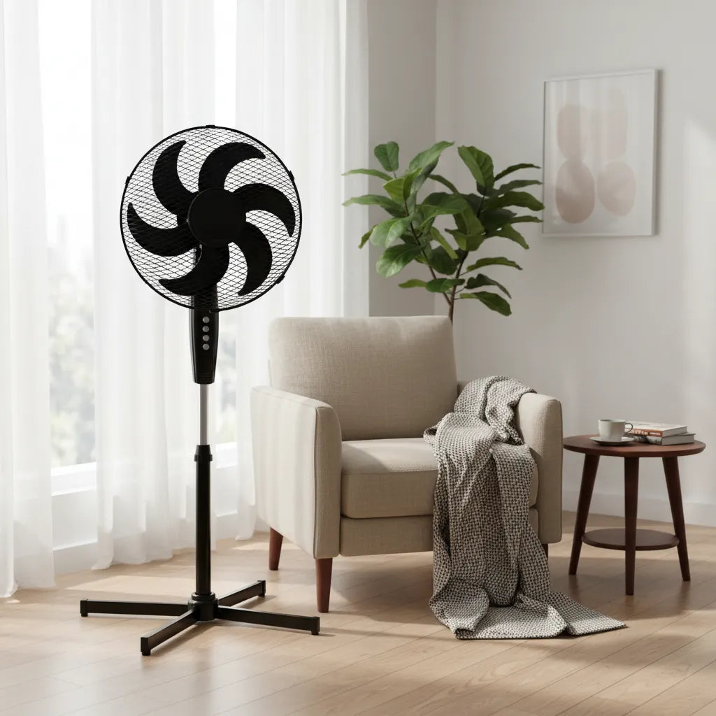 Ventilador de Pedestal American 16 Pulgadas, 6 Aspas, Rejilla Metálica, 3 Velocidades, Negro - Mod. 7616