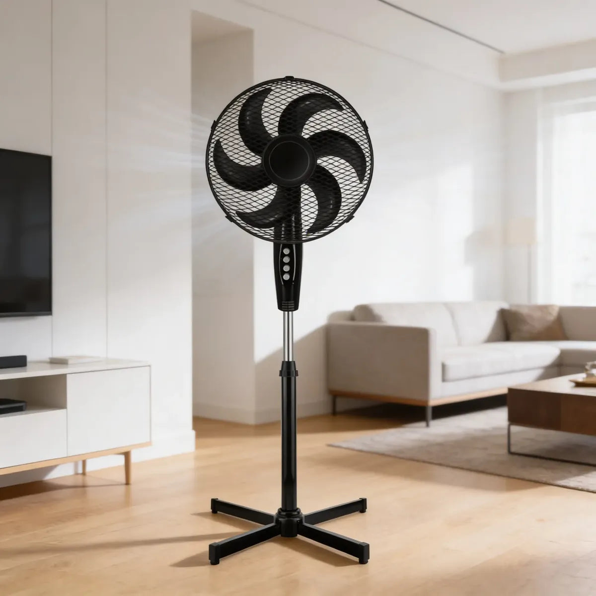 Ventilador de Pedestal American 16 Pulgadas, 6 Aspas, Rejilla Metálica, 3 Velocidades, Negro - Mod. 7616