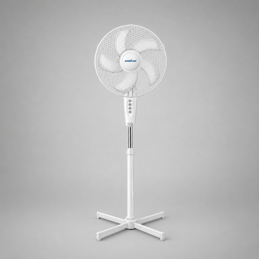 Ventilador de Pedestal American 16 Pulgadas, 5 Aspas, Rejilla Metálica, 3 Velocidades, Blanco - Mod. 7316