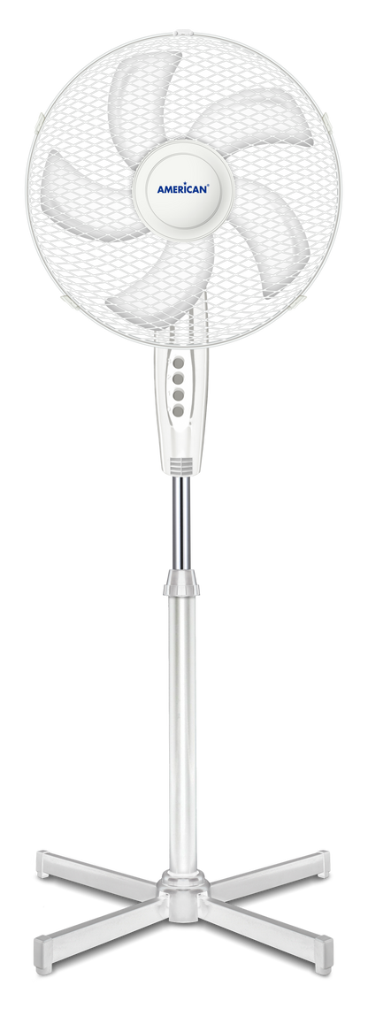 Ventilador de Pedestal American 16 Pulgadas, 5 Aspas, Rejilla Metálica, 3 Velocidades, Blanco - Mod. 7316