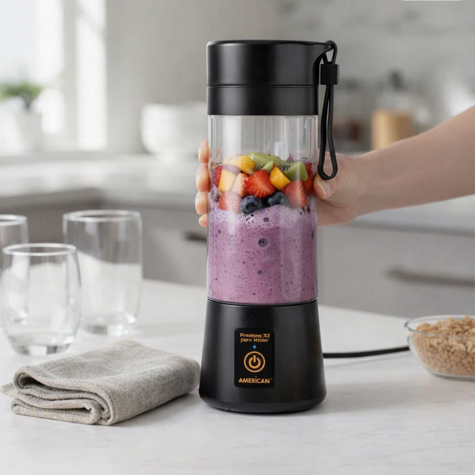 Licuadora Portátil American 1 Velocidad, Vaso de Plástico con Tapa, Puerto USB, Negro -  Mod. 2526